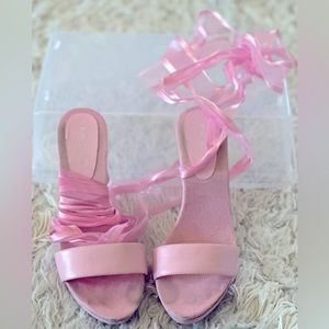 Bamboo pink ribbon ankle wrap heel 8 1/2